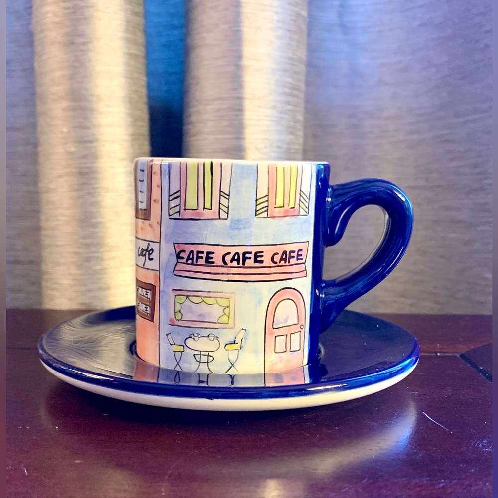 Set of 5 Hand Painted Ceramic Espresso Cups and Saucers.
